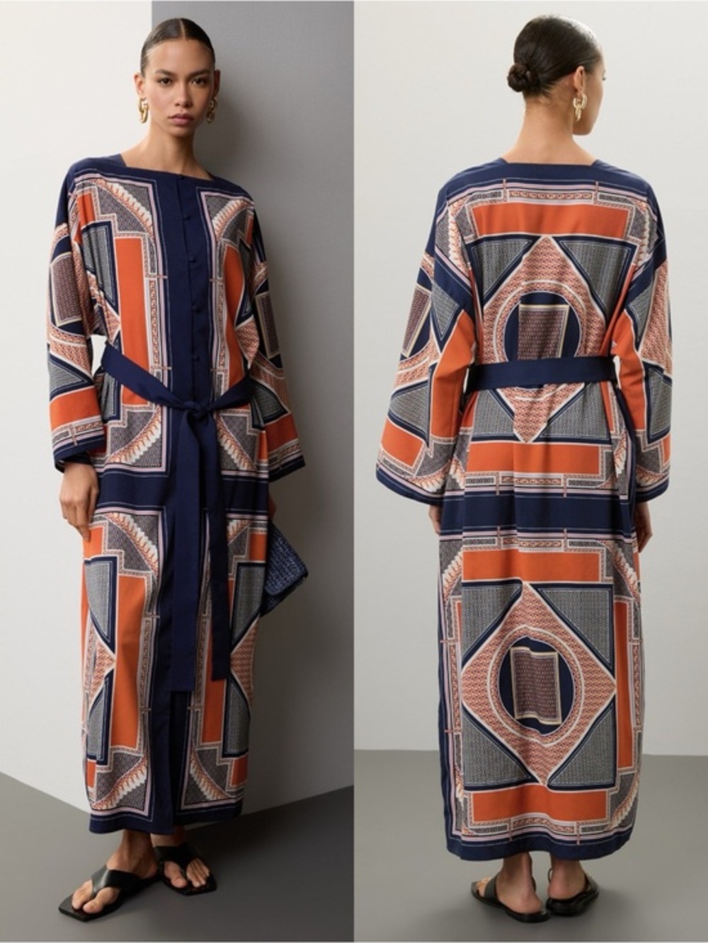 Rosetta Getty Geometric Blue Orange Square Neck Long Sleeve Caftan XS